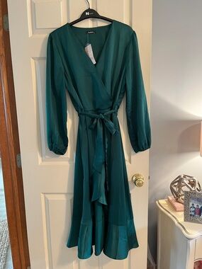 Fashion Nova Teal Wrap High/Low Dress with Tie Waist